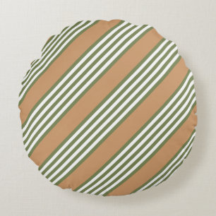 Olive-Green-White-Streifen-Muster mit Bräune Rundes Kissen