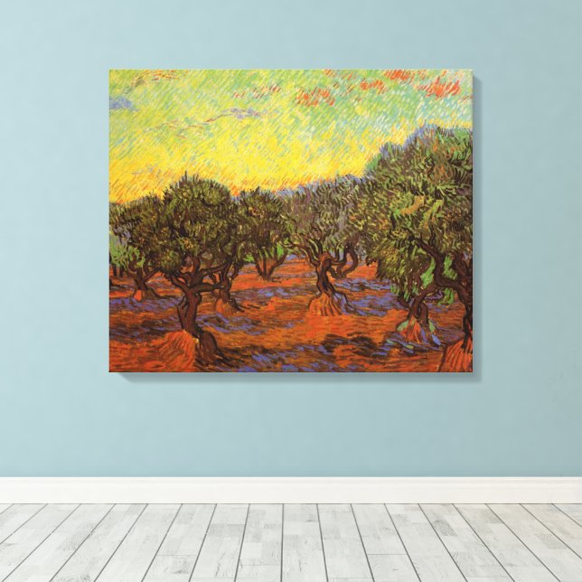 Olive Grove, Orange Sky von Vincent van Gogh Leinwanddruck (Insitu (Holzboden))