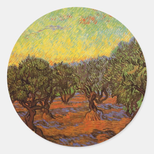 Olive Grove, Orange Sky von Vincent van Gogh Runder Aufkleber (Vorderseite)