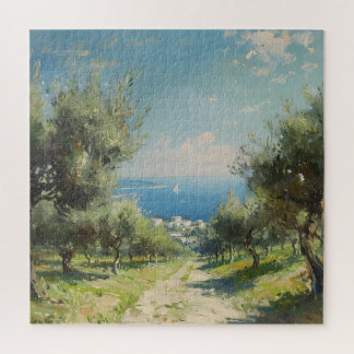 Olive Grove with Coastal Village and Sea