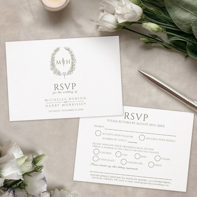 Olive-grüne Oval-Blatt-Monogramm-UAWG Hochzeit RSVP Karte (Von Creator hochgeladen)
