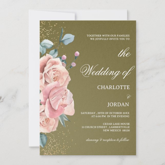 Olive-Hochzeit in Aquarellfarben und Rosa Einladung (Vorderseite)