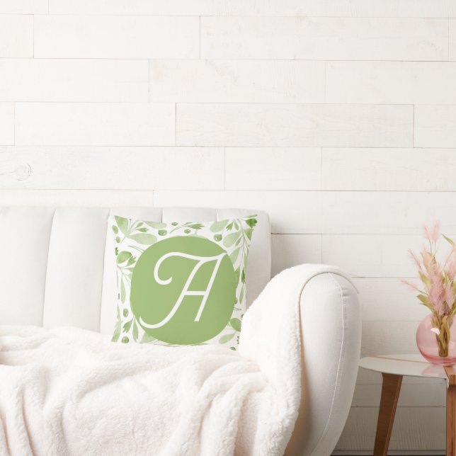 Olive Leaves and Initial Throw Pillow Kissen (Liege)