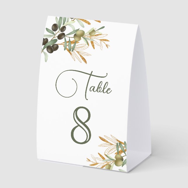 Olive Leaves Gold Branch Wedding Table Number Tischaufsteller (Vorderseite)