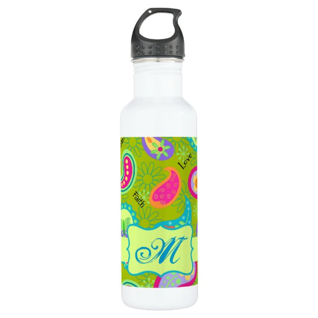 Olive Lime Green Modern Paisley Muster Monogram Trinkflasche (Vorderseite)