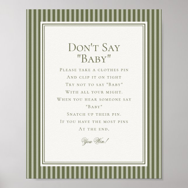 Olive Martini Green Striped Baby Shower Game Poster (Vorne)