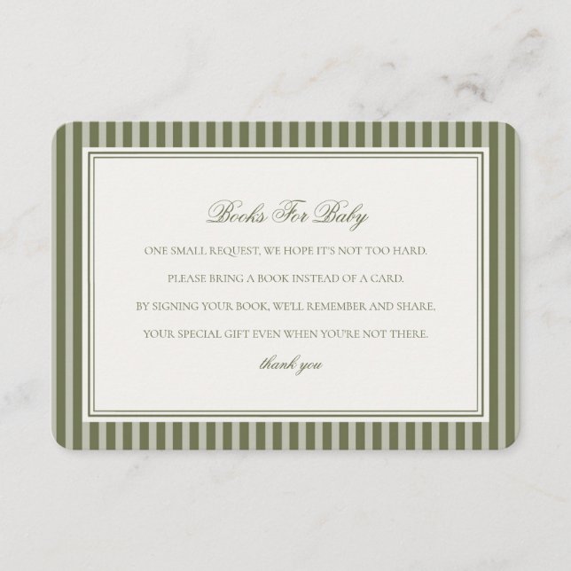 Olive Martini Green Striped Books For Baby Shower Begleitkarte (Vorderseite)