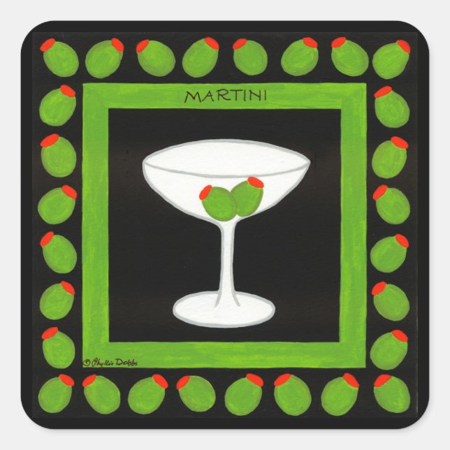 Olive Martini Retro Drinks Art Green und Black Quadratischer Aufkleber (Vorderseite)
