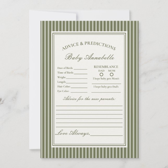 Olive Martini Striped Green Advice for Baby Card Einladung (Vorderseite)