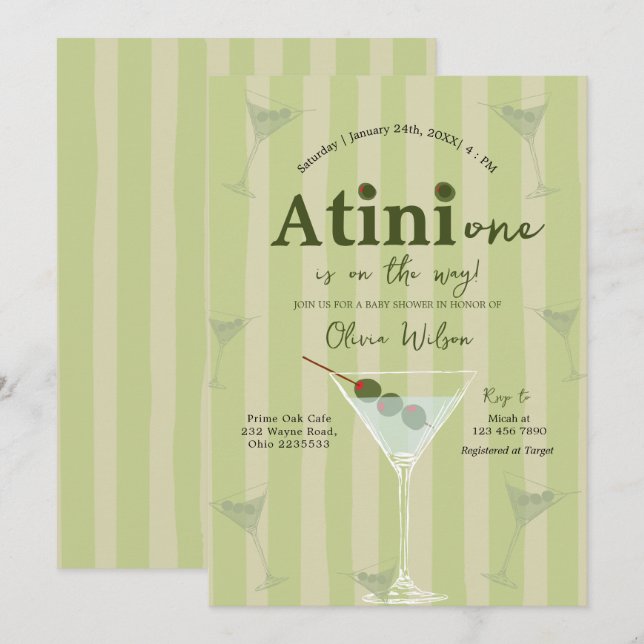Olive Martini Tini One ist auf dem Weg Babydusche Einladung (Vorne/Hinten)