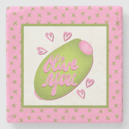 Olive Me Loves Olive You Retro Rosa Olivenmuster Steinuntersetzer