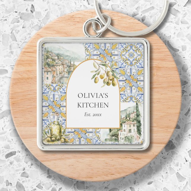 Olive Mediterranean Botanic Yellow Blue Schlüsselanhänger (Close up)