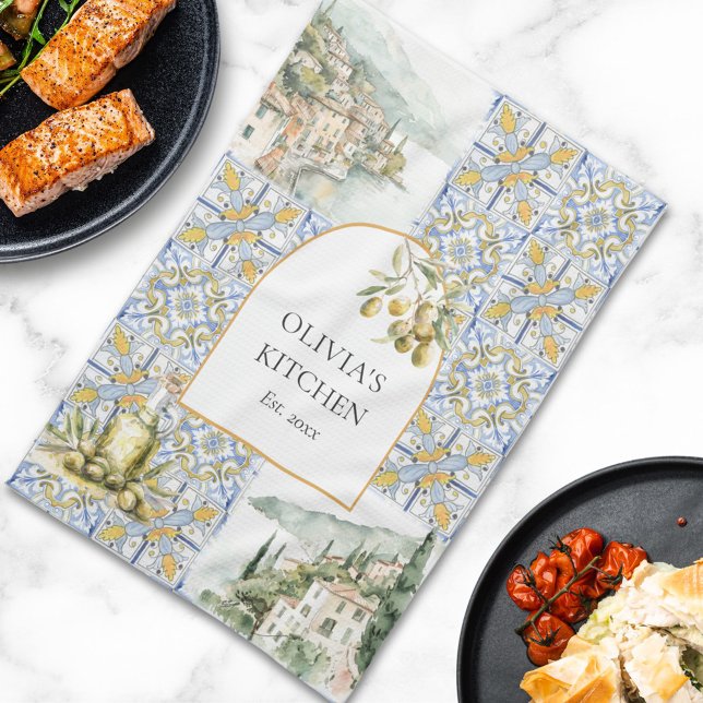 Olive Mediterranean Yellow Blue Tile Pattern Geschirrtuch (In situ)