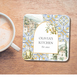 Olive Mediterranean Yellow Blue Tile Pattern Getränkeuntersetzer