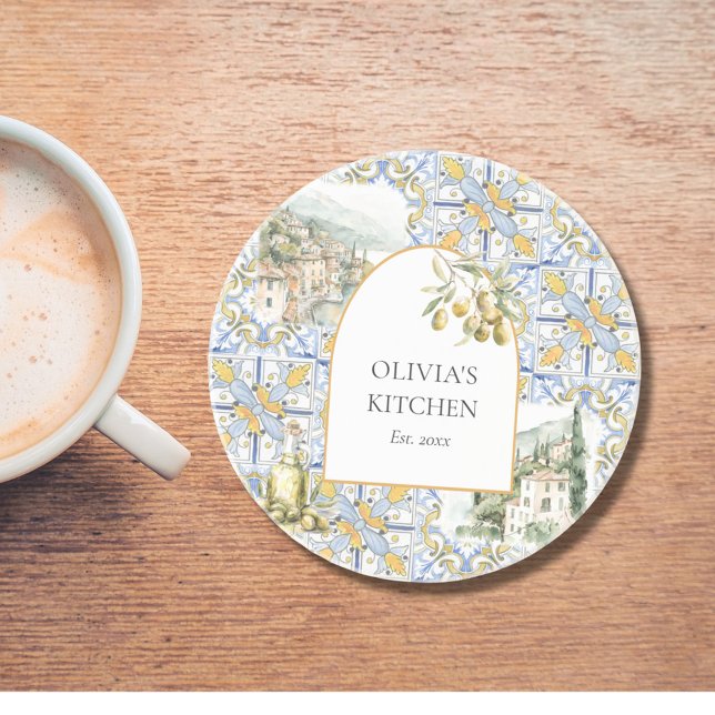 Olive Mediterranean Yellow Blue Tile Pattern Getränkeuntersetzer (In situ)