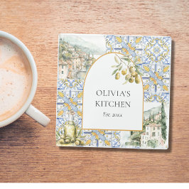 Olive Mediterranean Yellow Blue Tile Pattern Glasuntersetzer