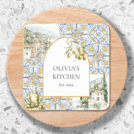 Olive Mediterranean Yellow Blue Tile Pattern Quadratischer Aufkleber