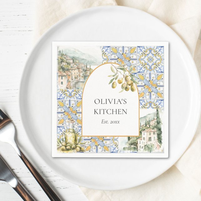 Olive Mediterranean Yellow Blue Tile Pattern Serviette (In situ)