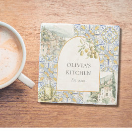 Olive Mediterranean Yellow Blue Tile Pattern Steinuntersetzer