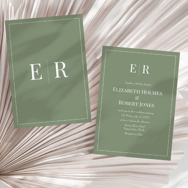 Olive Minimalistisch Monogram Non Foto Wedding Einladung (Olive Minimalist Monogram Non Photo Wedding Invitation on a sunny neutral dry palm leaf.)