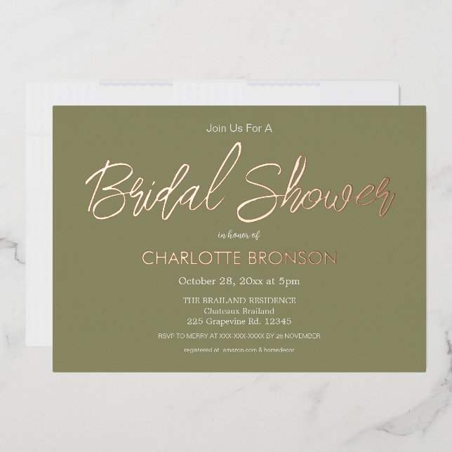 Olive Minimalistisch Script Brautparty Rose Gold Folieneinladung (Briefumschlag)