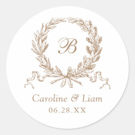 Olive Oak Wreath Gold Wedding Monogram Runder Aufkleber