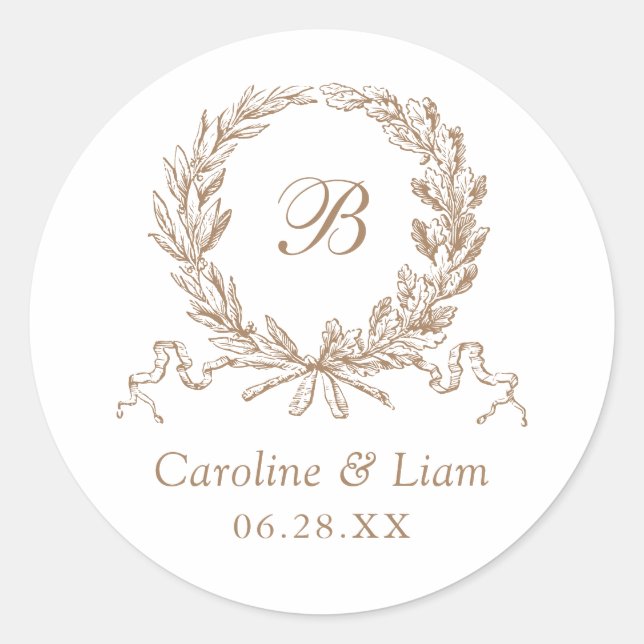 Olive Oak Wreath Gold Wedding Monogram Runder Aufkleber (Vorderseite)