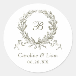 Olive Oak Wreath Sage Wedding Monogram Runder Aufkleber