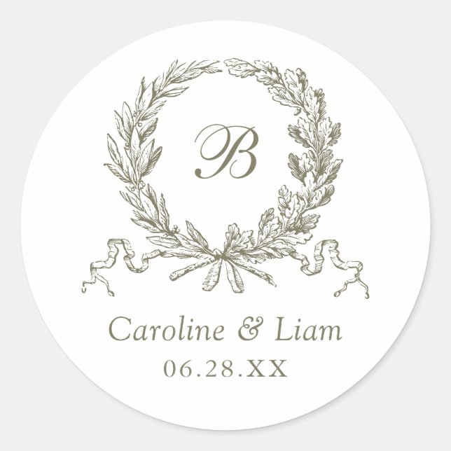 Olive Oak Wreath Sage Wedding Monogram Runder Aufkleber (Vorderseite)