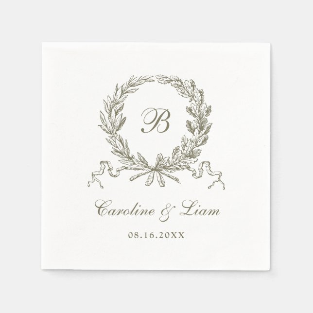 Olive Oak Wreath Vintage Wedding Monogram Serviette (Vorderseite)