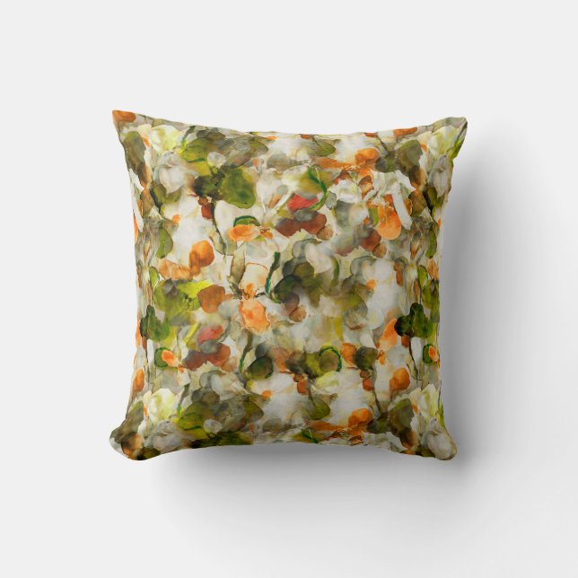 Olive & Orange Herbst Abstraktes Aquarell Blüten Kissen (Vorderseite)