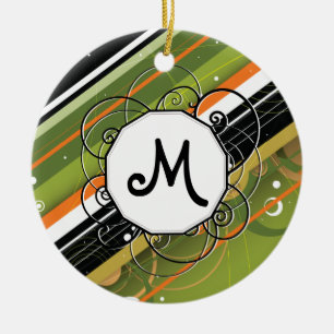 Olive & Orange Modern Retro Streifen mit Monogramm Keramikornament