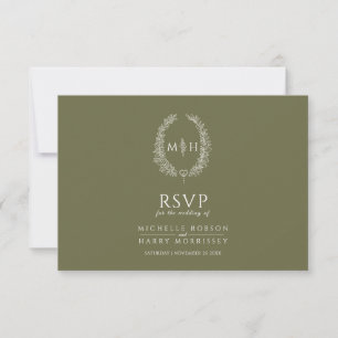 Olive-Oval-Blatt-Monogramm-Menü Option Hochzeit RSVP Karte