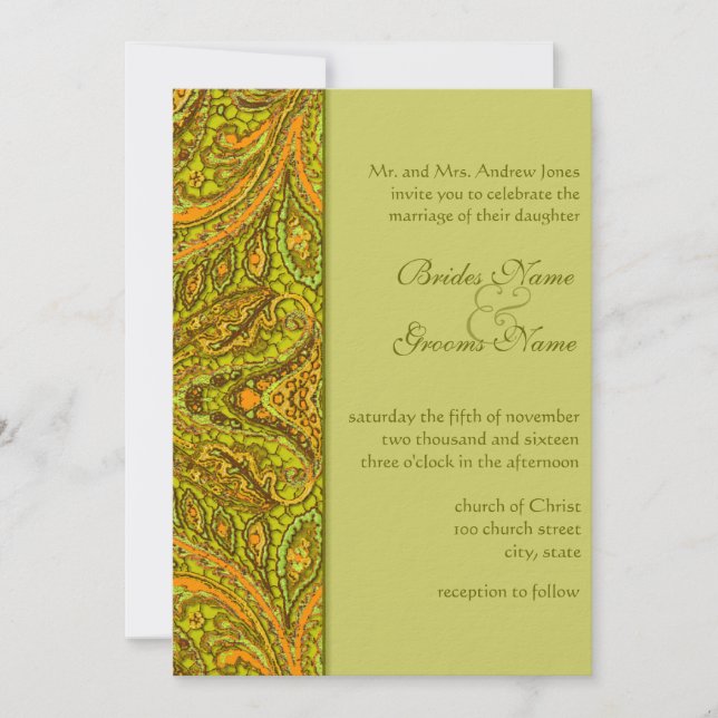 Olive Paisley Damask Einladungen zur Hochzeit (Vorderseite)