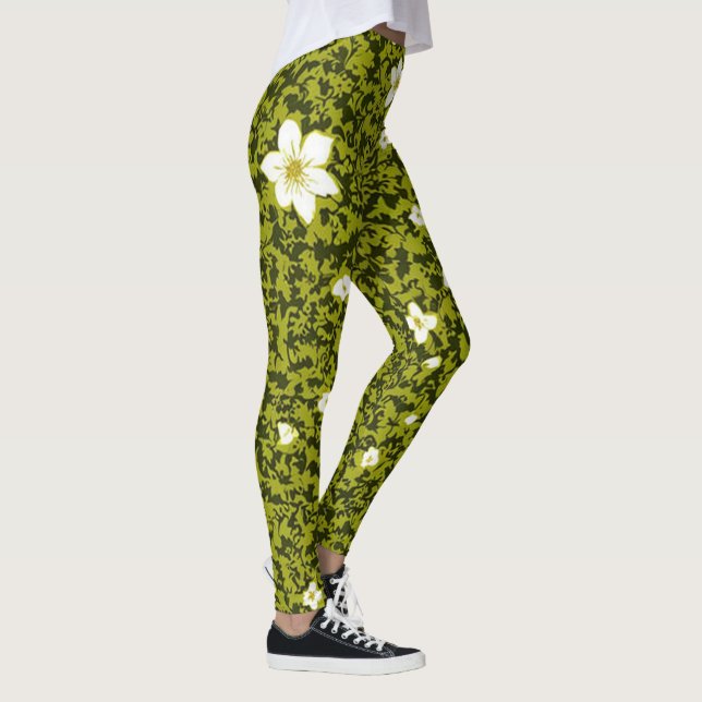 Olive Print mit weißer Blume Design, Niedlich flor Leggings (Rechts)