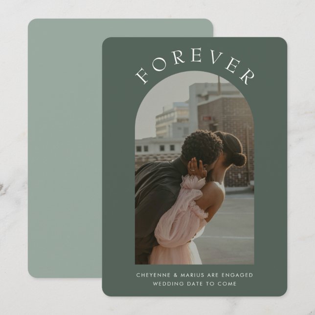 Olive Sage Green Arch Modernes Foto Verlobung Save The Date (Vorne/Hinten)