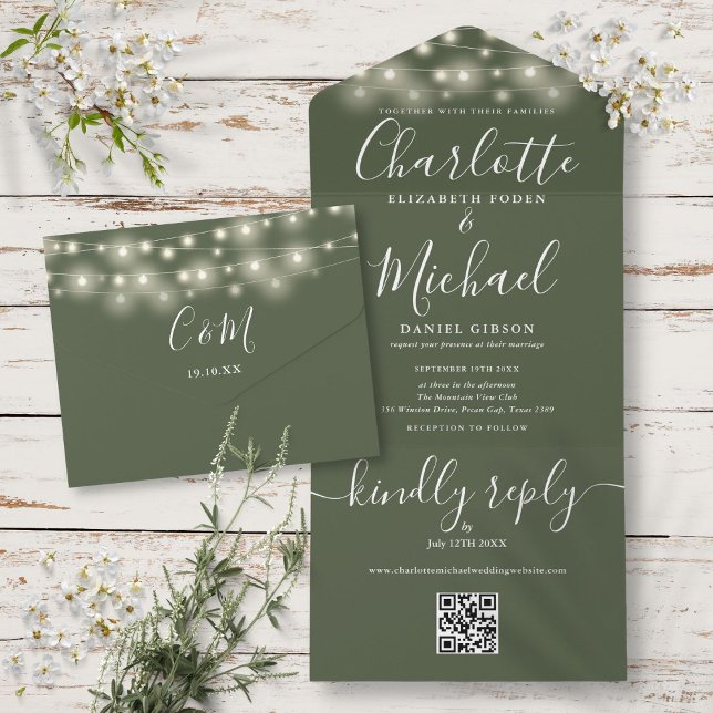 Olive String Lights QR Monogram Wedding All In One Einladung (Olive String Lights QR Code Monogram Wedding All In One Invitation)