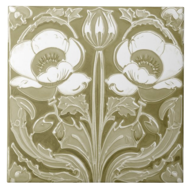 Olive Tan Poppy Blume Deko Nouveau Folk Art Fliese (Vorderseite)