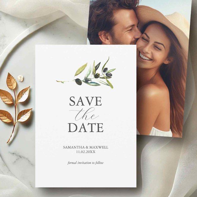 Olive Theme Foto Wedding Save the Date (Photo save the date invitations simple watercolor olive branch by Victoria Grigaliunas)