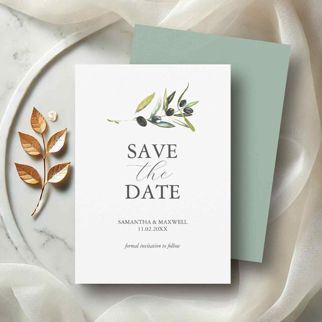 Olive Theme Non Foto Wedding Save the Date (Non photo save the dates watercolor olive branch by Do Tell A Belle)