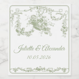 Olive Toile de Jouy Wedding Bottle Label  Weinetikett