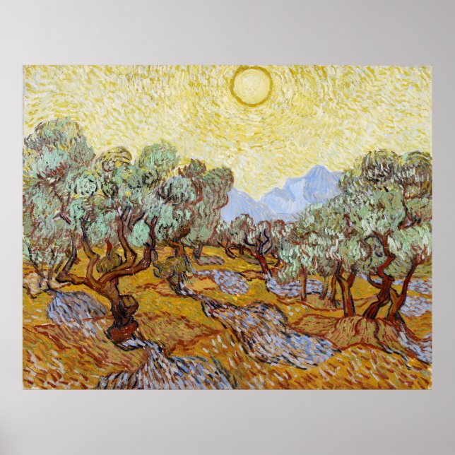 Olive Trees with yellow sky and sun Poster (Vorne)