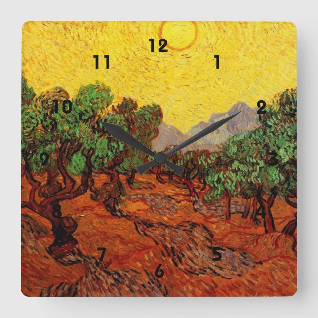 Olive Trees with Yellow Sky and Sun Quadratische Wanduhr (Vorderseite)