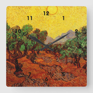 Olive Trees with Yellow Sky and Sun Quadratische Wanduhr