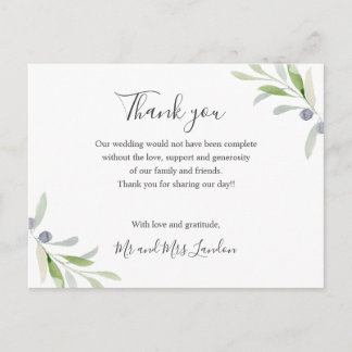 Olive und Blätter grün Hochzeit danke Postkarte
