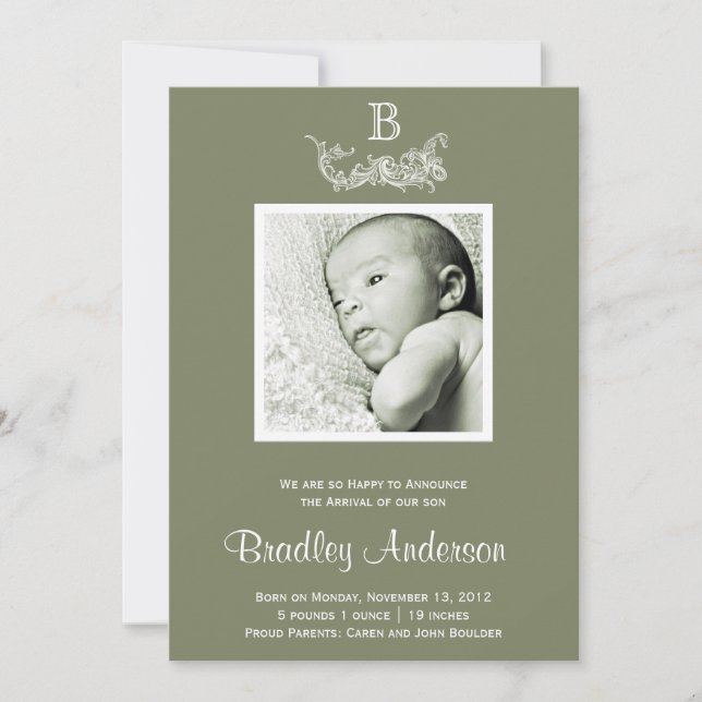 Olive Vert Blanc Cadre Monogramme Baby Faire-part (Devant)