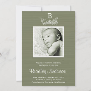 Olive Vert Blanc Cadre Monogramme Baby Faire-part