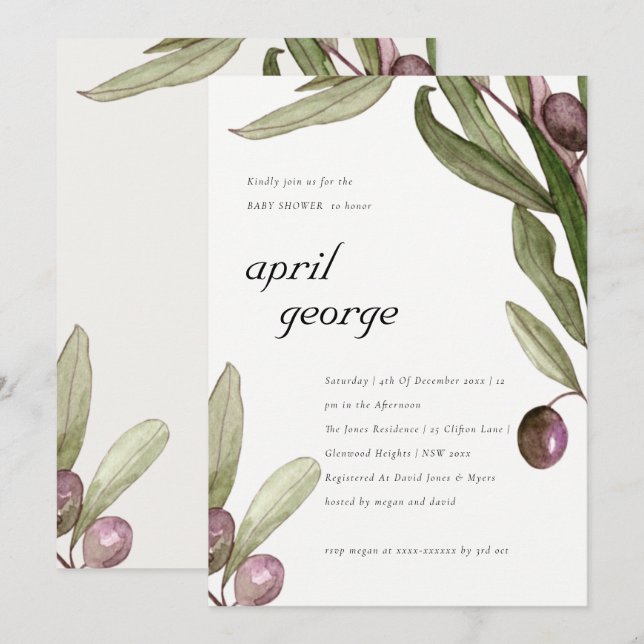 OLIVE WASSERFARBEN FOLIAGE BABY SHOWITE EINLADEN DANKESKARTE (Vorne/Hinten)