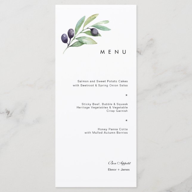 Olive Watercolor Wedding Menu Menükarte (Vorderseite)