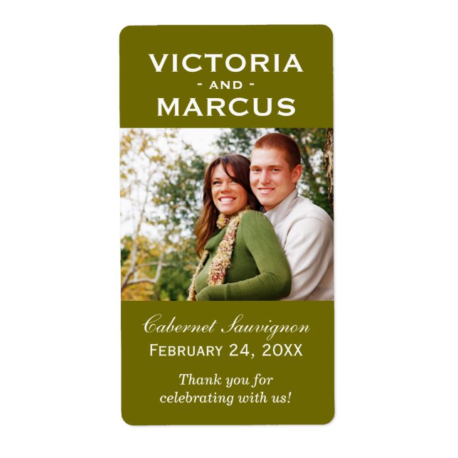 Olive Wedding Monogram Foto Weinflasche Gefallen (Vorne)